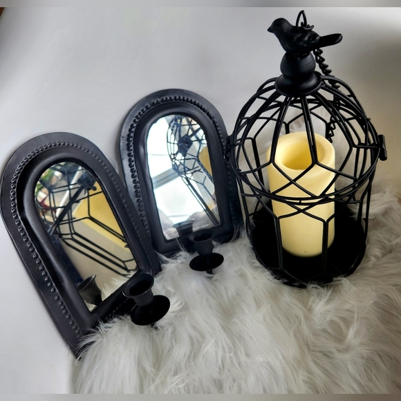 Gothic Black Bedside Wall Mirror Set with Candle Holder & Bird Cage with Candle - Picture 8 of 8